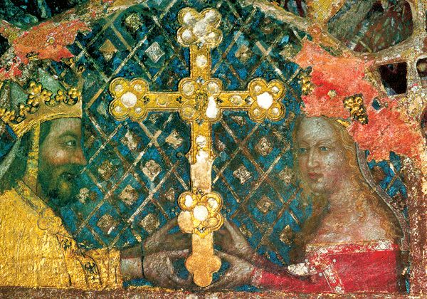 Karel IV. (na obraze se svojí třetí manželkou a matkou následníka Václava Annou Svídnickou) se v domácí politice opíral o církev, která vlastnila třetinu země.