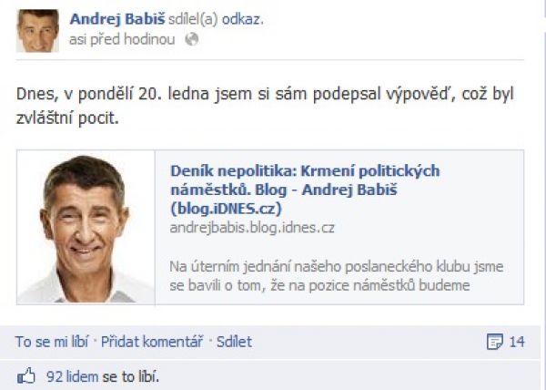 Babiš na Facebooku tvrdí, že končí ve vedení své firmy Agrofert Babiš na Facebooku tvrdí, že končí ve vedení své firmy Agrofert