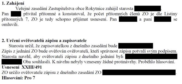 Ukázka ze zápisu zasedání zastupitelstva Rokytnice u Slavièína