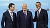 Gener�ln� tajemn�k NATO Anders Fogh Rasmussen, �esk� prezident V�clav Klaus a jeho americk� prot�j�ek Barack Obama na summitu NATO
