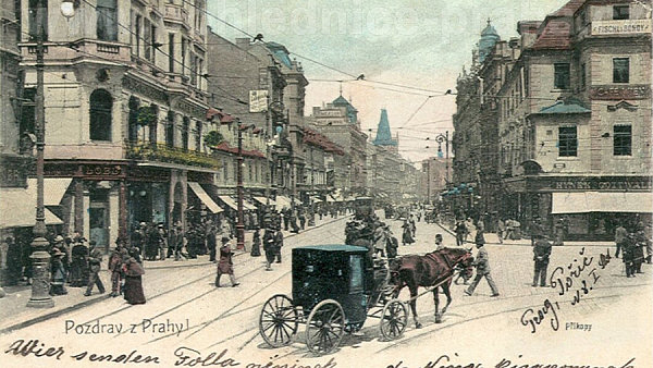 Ulice Na Příkopě na staré pohlednici