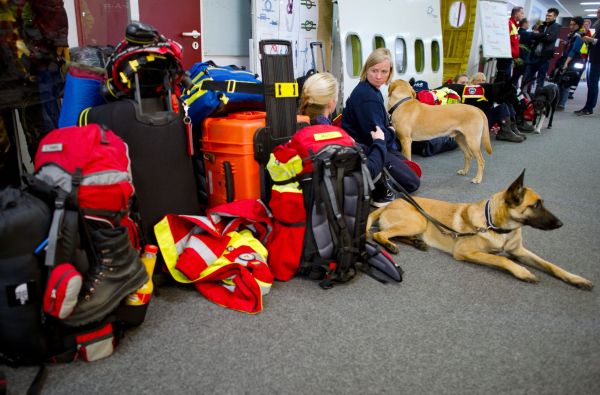 Nmetí záchranái a jejich psi ekají na letišti ve Frankfurtu.