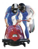 Italy's Simone Bertazzo (R) and Samuele Romanini start the third heat of the two-man bobsleigh event at the Vancouver 2010 Winter Olympics in Whistler