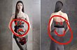 the models head is bigger than her waist the problem is solved in the photo of the model from behind although she appears to be wearing a different dress