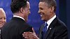 Barack Obama (vpravo) a Mitt Romney p�i posledn� p�edvolebn� debat�