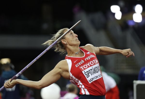 Czech Republic's Barbora Spotakova makes an attempt in the women's javelin final during the World Athletics Championships in London Tuesday