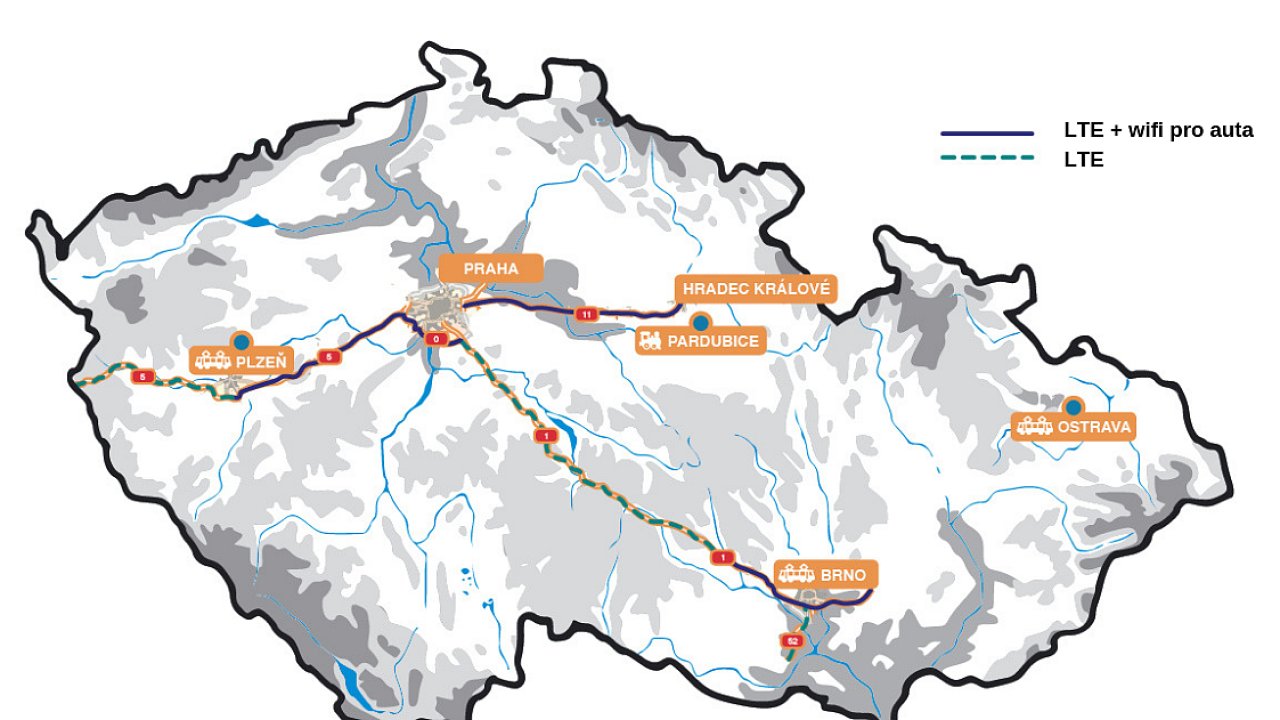 Mapa lokalit, ve kterých probíhá testování systému C-Roads v České republice.