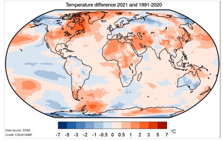 Teplota vzduchu ve výšce dvou metrů pro rok 2021 ve srovnání s průměrem z let 1991-2020.