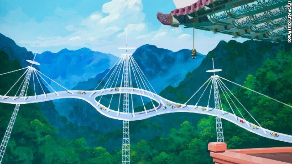 Nové a staré Futuristický most v pohoří Myohyangsan má stát nedaleko vesnice s tradičními dřevěnými domy.
