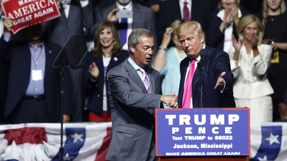 Republican presidential candidate Donald Trump welcomes Nigel Farage
