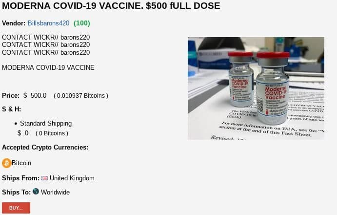 Inzerát na vakcínu od společnosti Moderna za 500 dolarů.