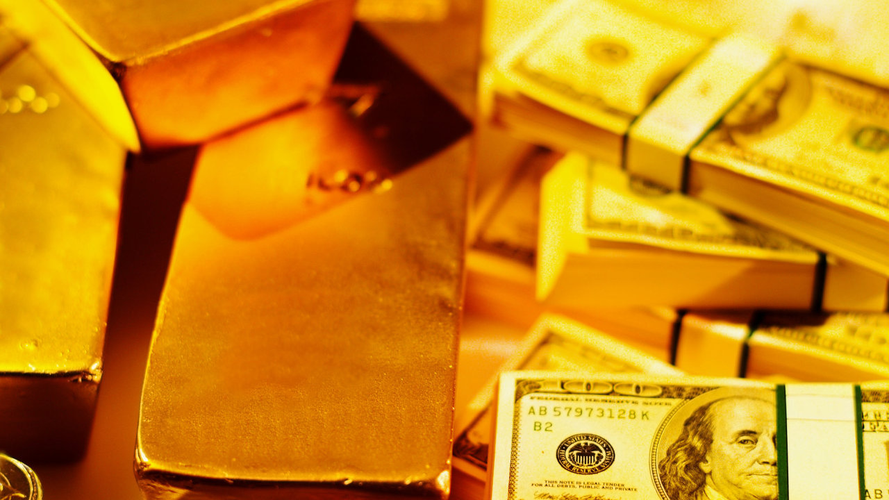 Zlato a dolarov bankovky, ilustran foto
