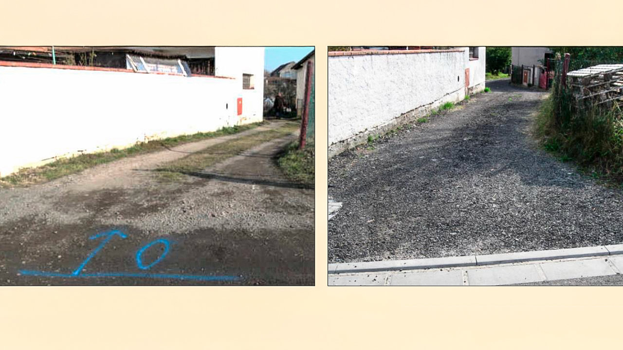 Oprava silnice v Ost�e�anech dotovan� z ministerstva pro m�stn� rozvoj (p�ed a po)