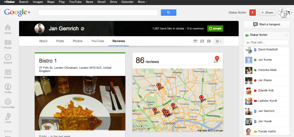 Nová podoba Google+ Recenze restaurací na profilu konkrétního uživatele.