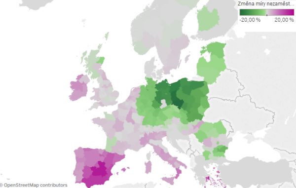Mapa Evropy - vývoj nezamìstnanosti v procentních bodech.
