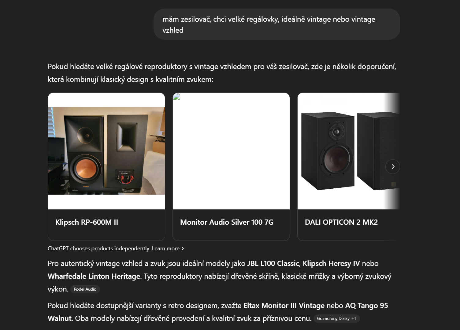 Produktové vyhledávání ve službě ChatGPT v češtině (Foto: OpenAI, Otakar Schön) Produktové vyhledávání ve službě ChatGPT v češtině
