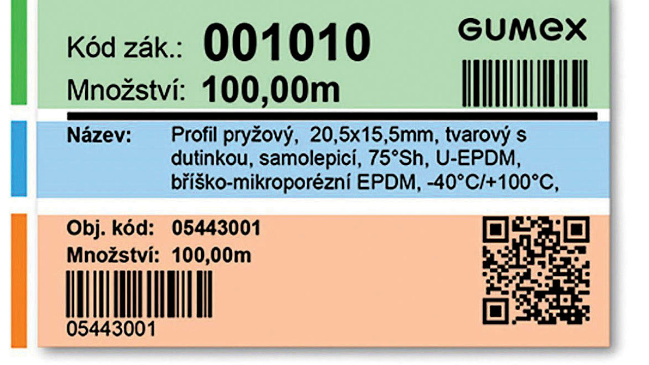 Systém, který Gumex používá, dìlí štítek na nìkolik zón. V zelenì oznaèené èásti jsou hlavní údaje pro pøíjem na sklad zákazníka.