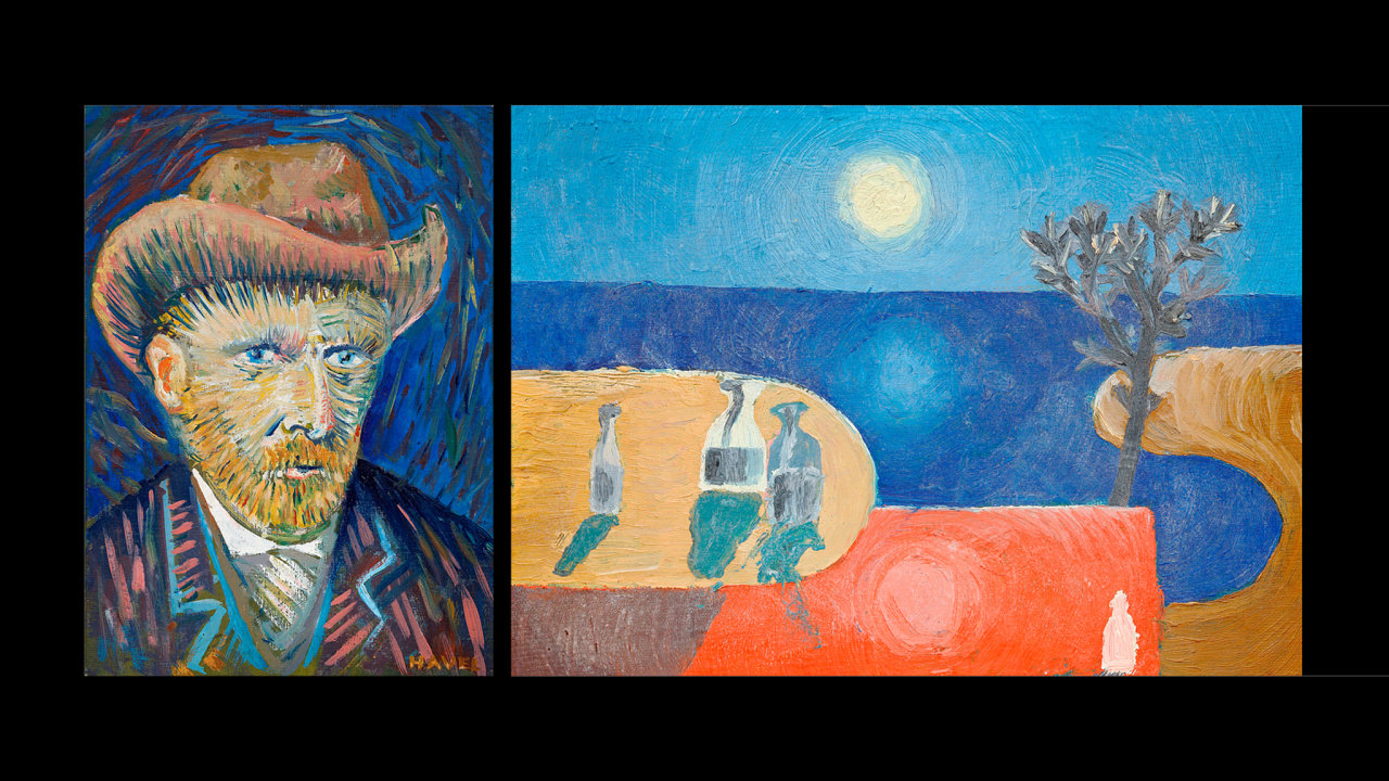 Obrázky Václava Havla z 50. let: Autoportrét Vincenta van Gogha a Krajina se sluncem. V obou pøípadech olej na plátnì fixovaném na kartonu.