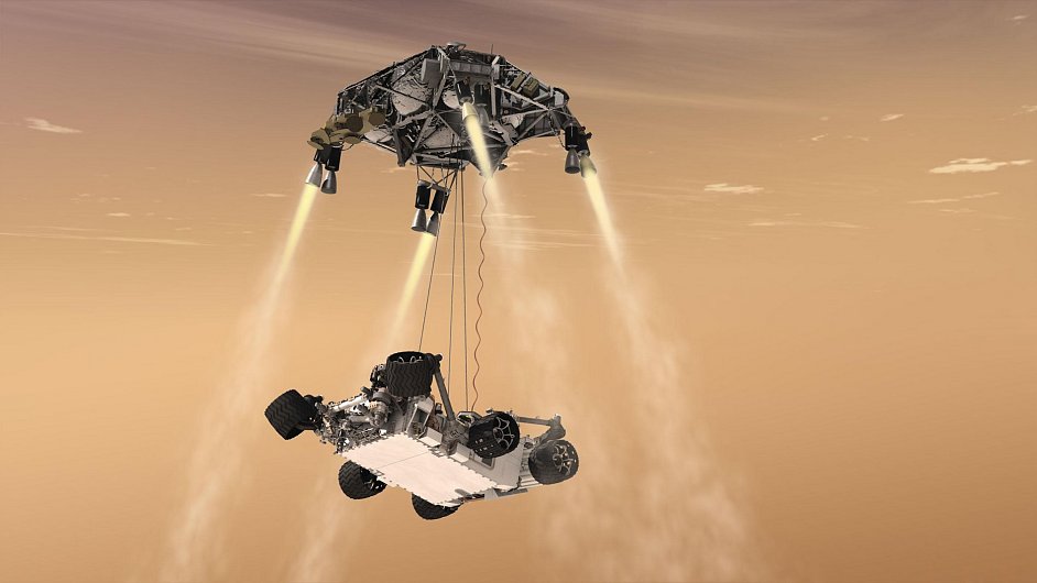 Vozítko Curiosity se spouští na Mars - vizualizace