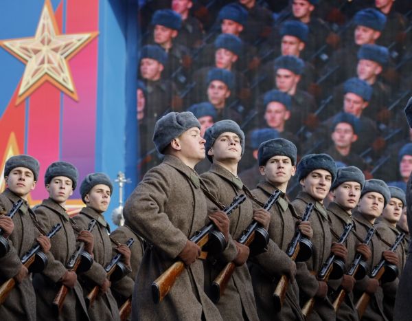 Russian soldiers dressed in Red Army World War II uniforms march during the Nov. 7 parade in Red Square