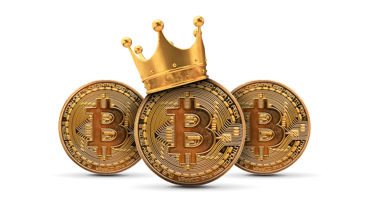 Bitcoin with gold crown. Cryptocurrency king concept. 3D Rendering