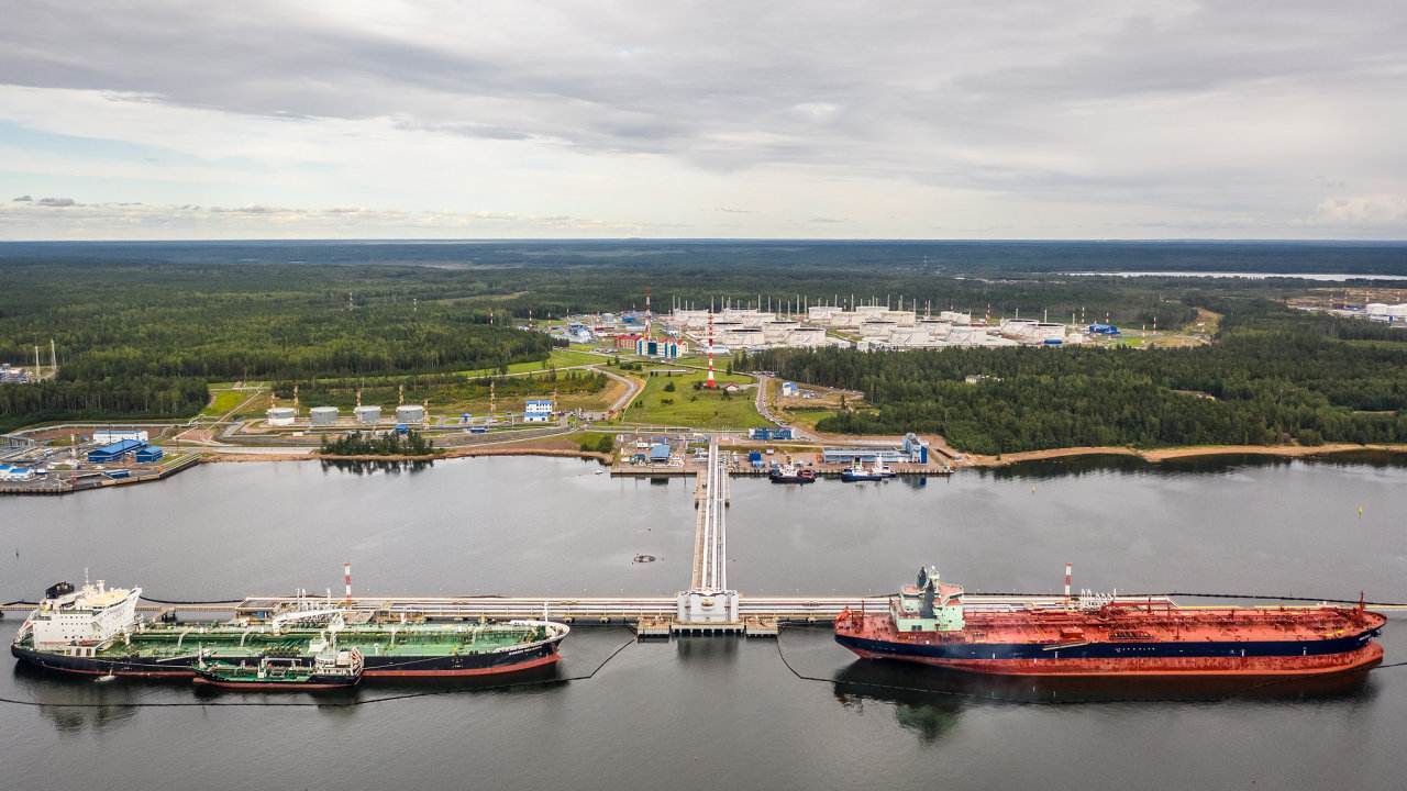 Russia, Primorsk, August 2020 - Aerial view of oil tankers loading in port