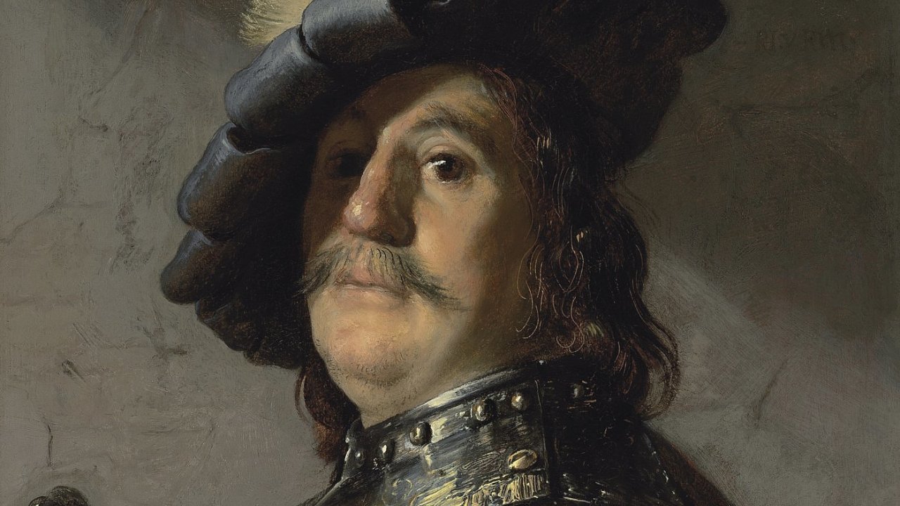 Rembrandtv portrt mue s nkrnkem a baretem s prem se drail 3. ervence.