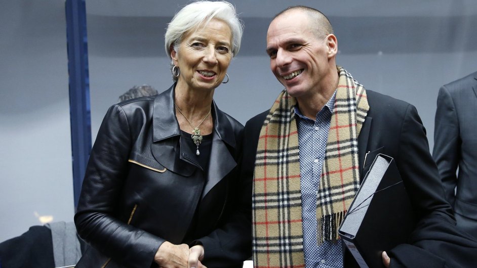 Christine Lagardeov a Janis Varufakis na norov schzce v Bruselu.
