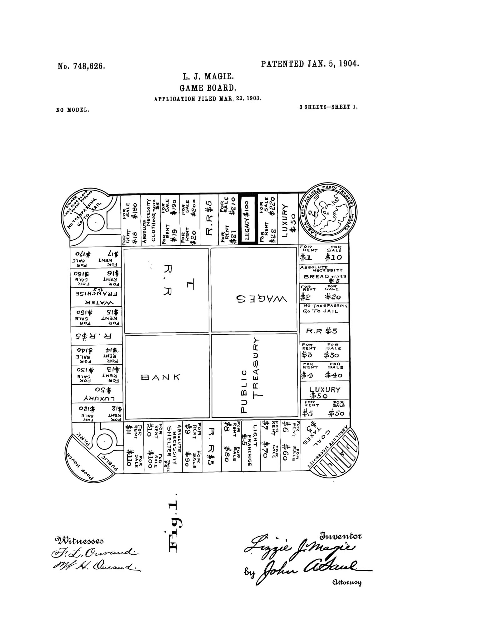 Pvodn patent kehe Landlord’sGame zroku 1904. Registrovan hern pln npadn pipomn hru Monopoly.