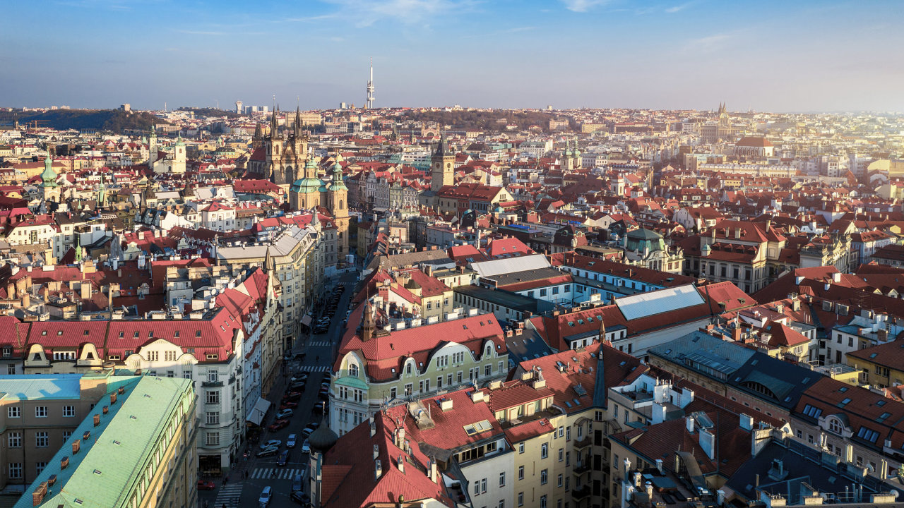Aerial panoramic drone view of the city of Prague at the Old Town Square