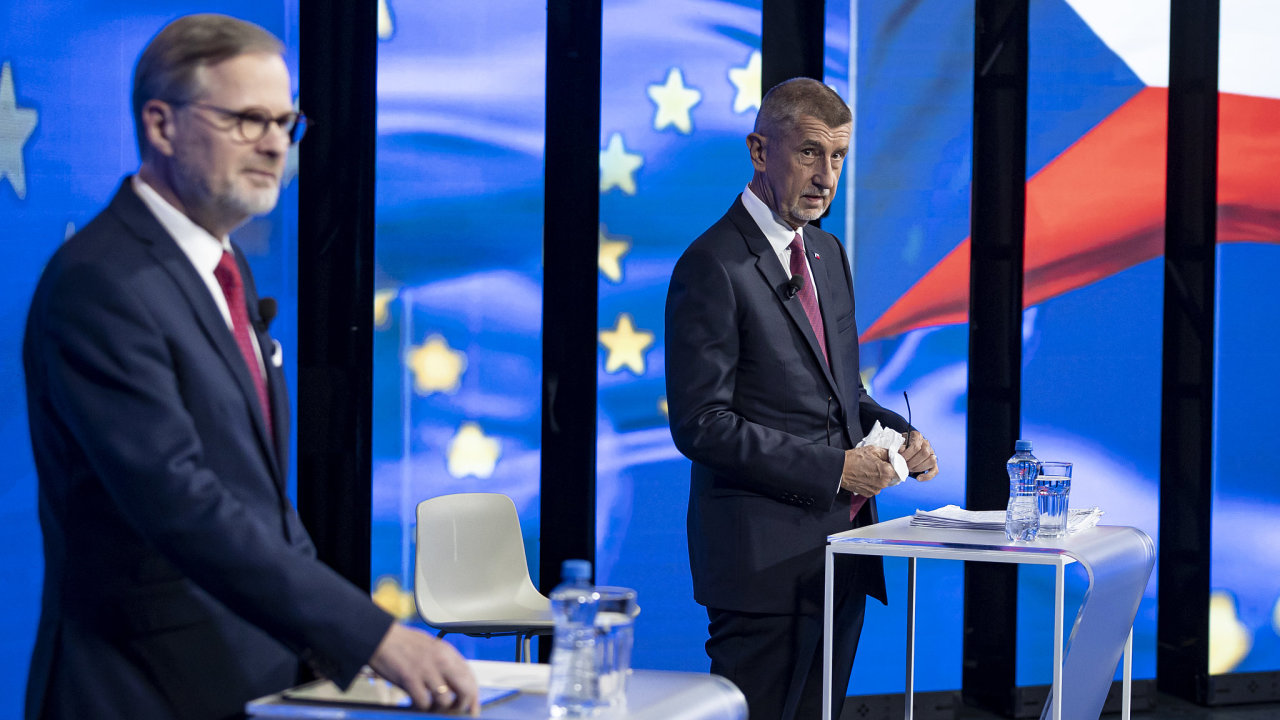 Petr Fiala a Andrej Babi vystoupili 5. ervna 2024 ve spolen televizn debat na CNN Prima news.