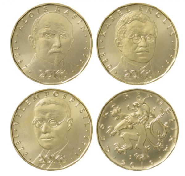 Na speciálních výroèních mincích jsou vyobrazeni Alois Rašín, Karel Engliš a Vilém Pospíšil.
