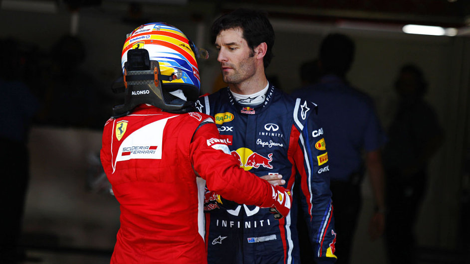 Mark Webber (vpravo) a Fernando Alonso v depu formule 1