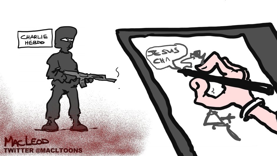 Karikatura k toku na Charlie Hebdo, ilustran foto.