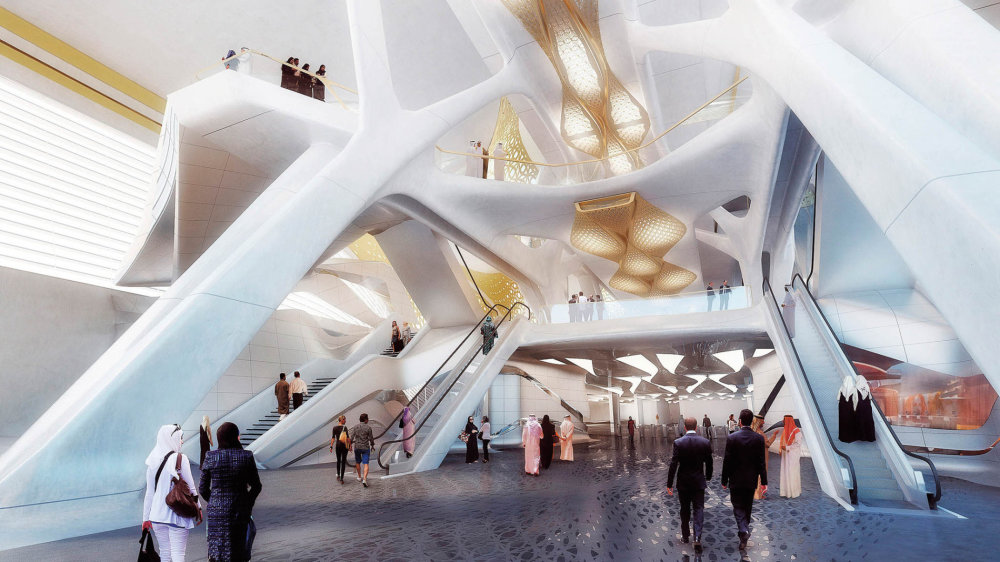 Rijádské metro – stanice Krále Abdalláha. Vizualizace právě budovaného skvostu navrženého Zahou Hadid.