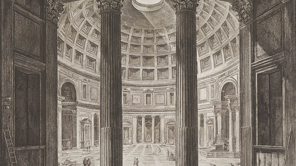 Na reprodukc Piranesiho Pantheon  pohled do interiru z roku 1768.