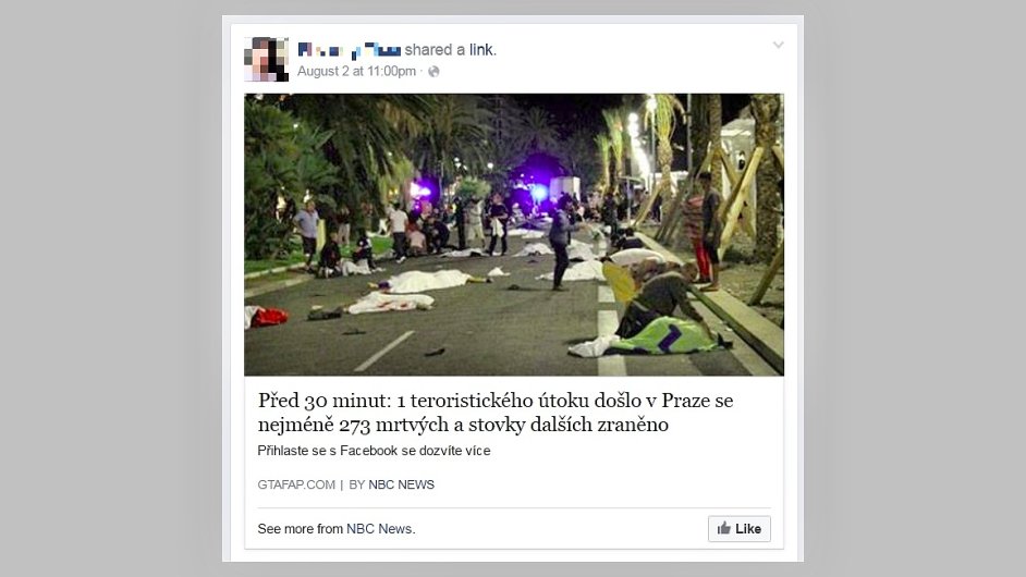 Falen zprva o teroristickm toku v Praze na Facebooku