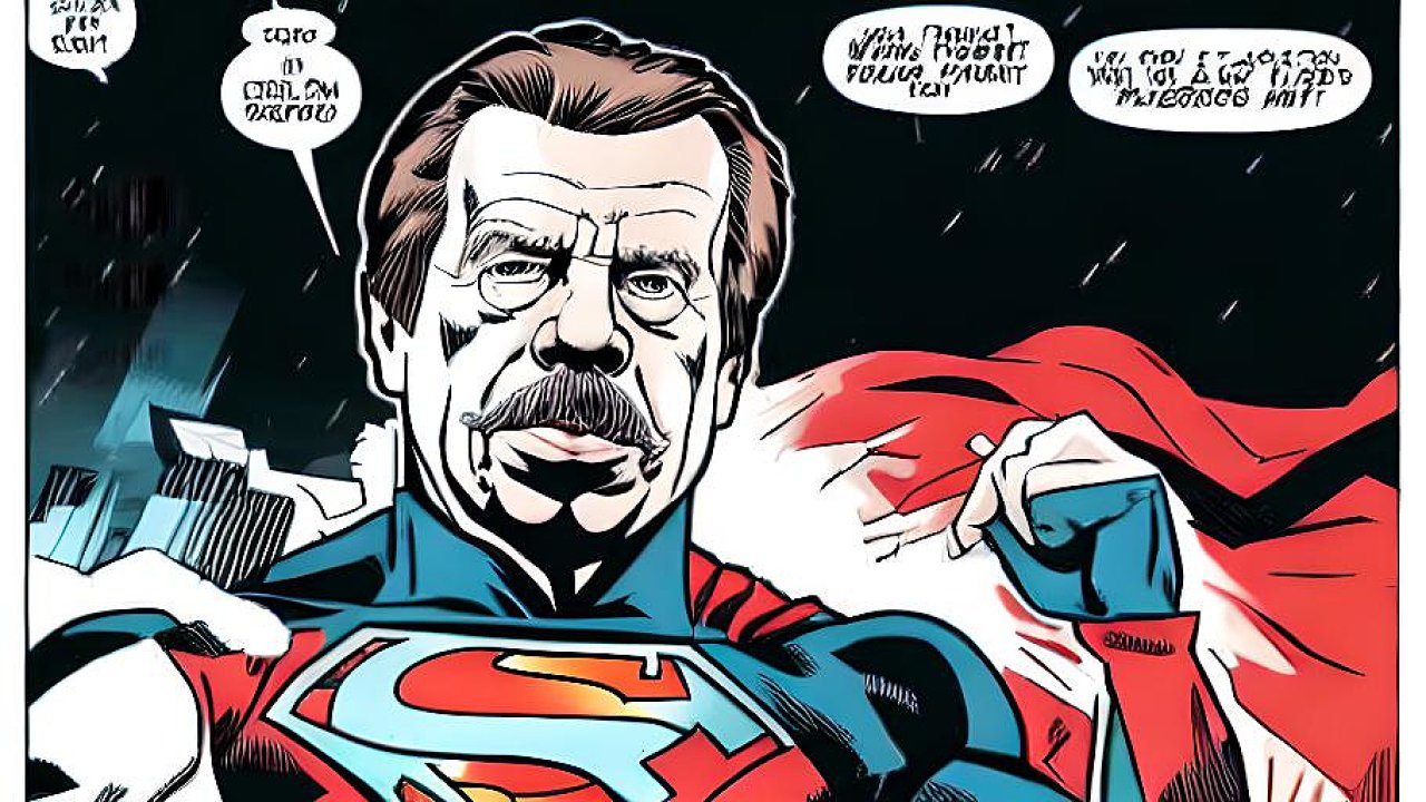Vclav Havel jako superhrdina v komiksovm stylu. Tak znlo zadn pro aplikaci RunwayML, kter um z textu vytvoit obrzek nebo video.