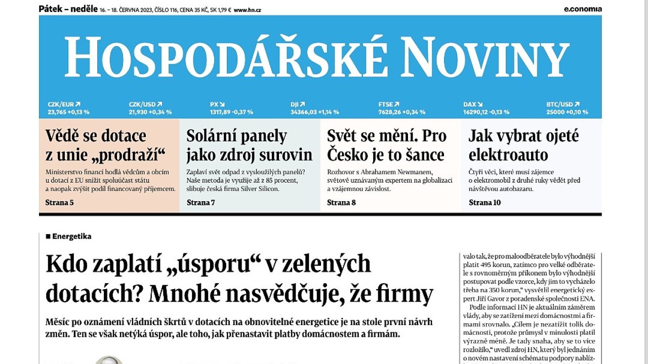 Titulní strana Hospodáøských novin, páteèník 16. èervna 2023.