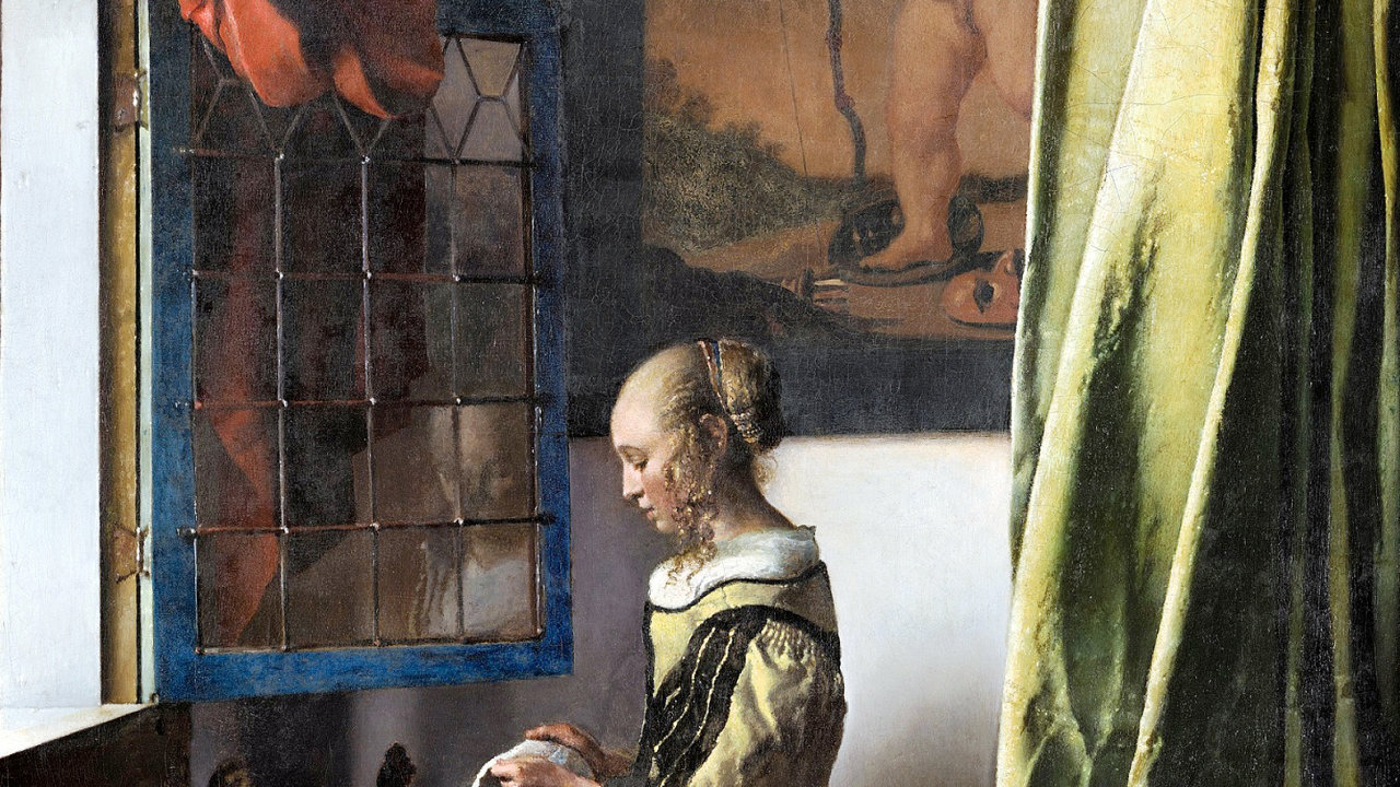 Johannes Vermeer, Dívka u okna ètoucí dopis, 1657-1659. Rentgenový prùzkum na konci 70. let objevil, že je èást díla pøemalovaná, až po restauraci dokonèené pøed dvìma lety se ukázal obraz Amora.