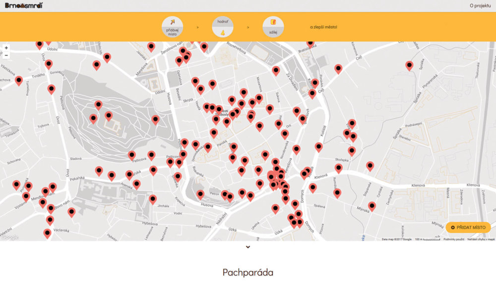 V čichové mapě moravské metropole je už na 600 záznamů. Škoda, že kapičky, které je označují, nejsou barevně odlišeny podle toho, jestli místo páchne, nebo voní.