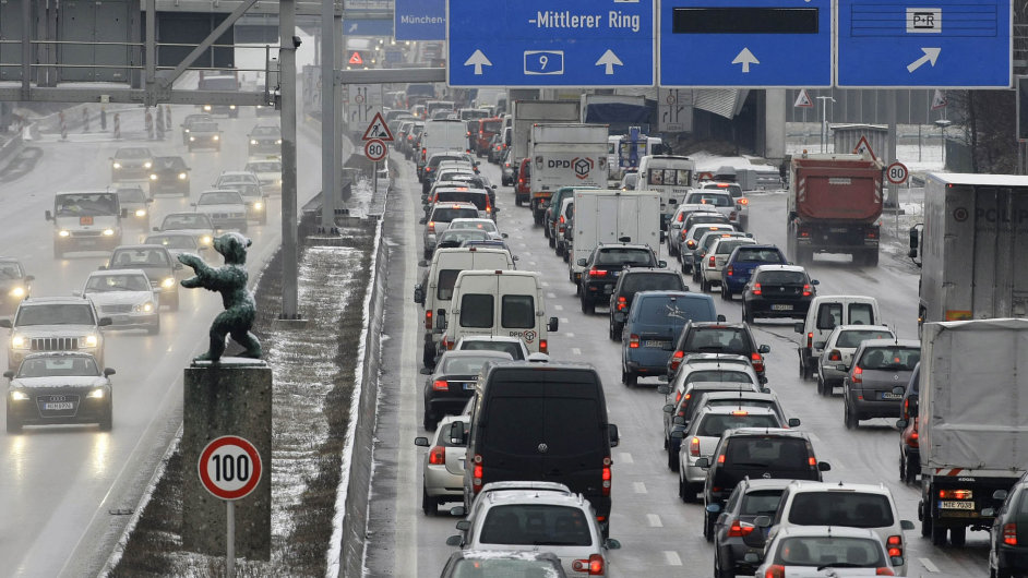 Cars and trucks caught up in a traffic jam at the highway A9 in the morning hours north of Munich February 11
