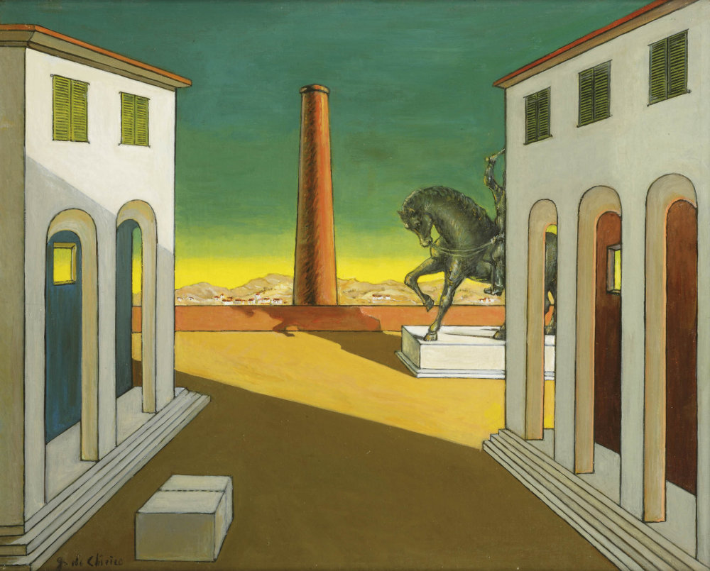 Giorgio de Chirico: Piazza d´Italia s koněm, olej na plátně, 45 × 55 cm, kolem roku 1970