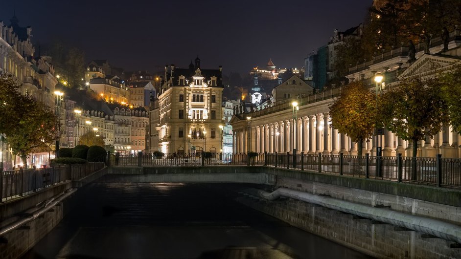Embankment of Tepla river in Karlovy Vary in evening