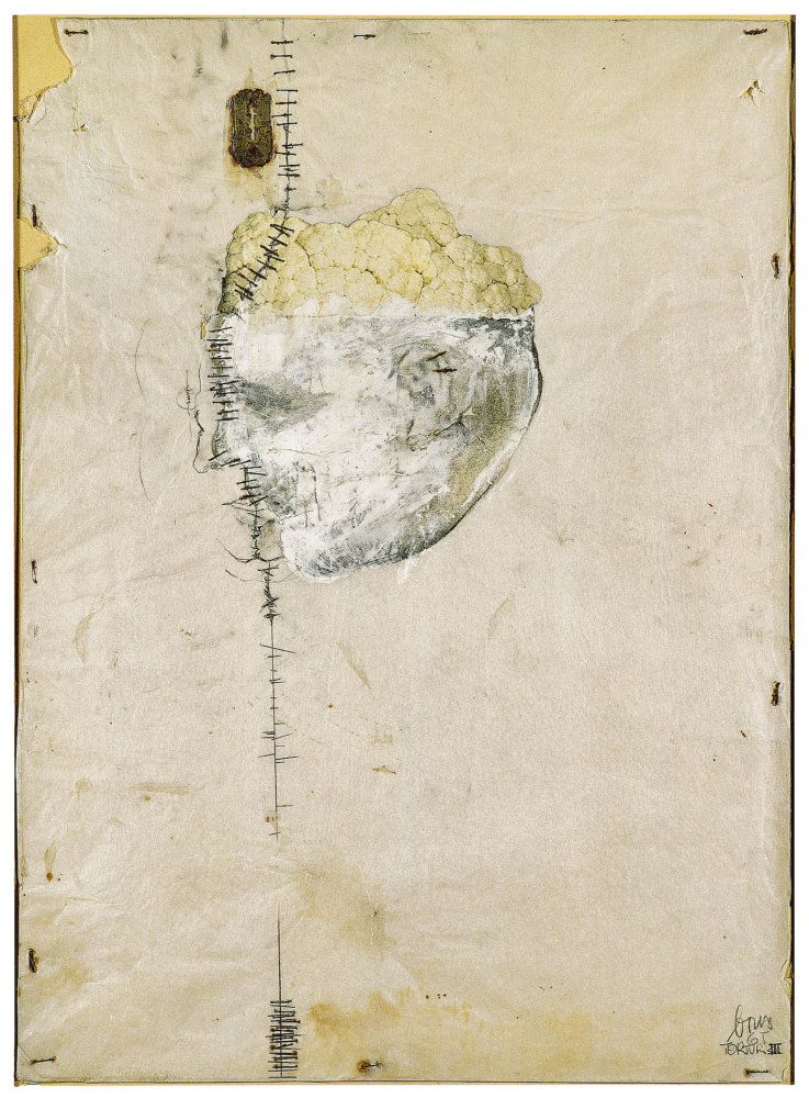 Günter Brus: Mučení III., olej, koláž, 63 × 45 cm, 1965