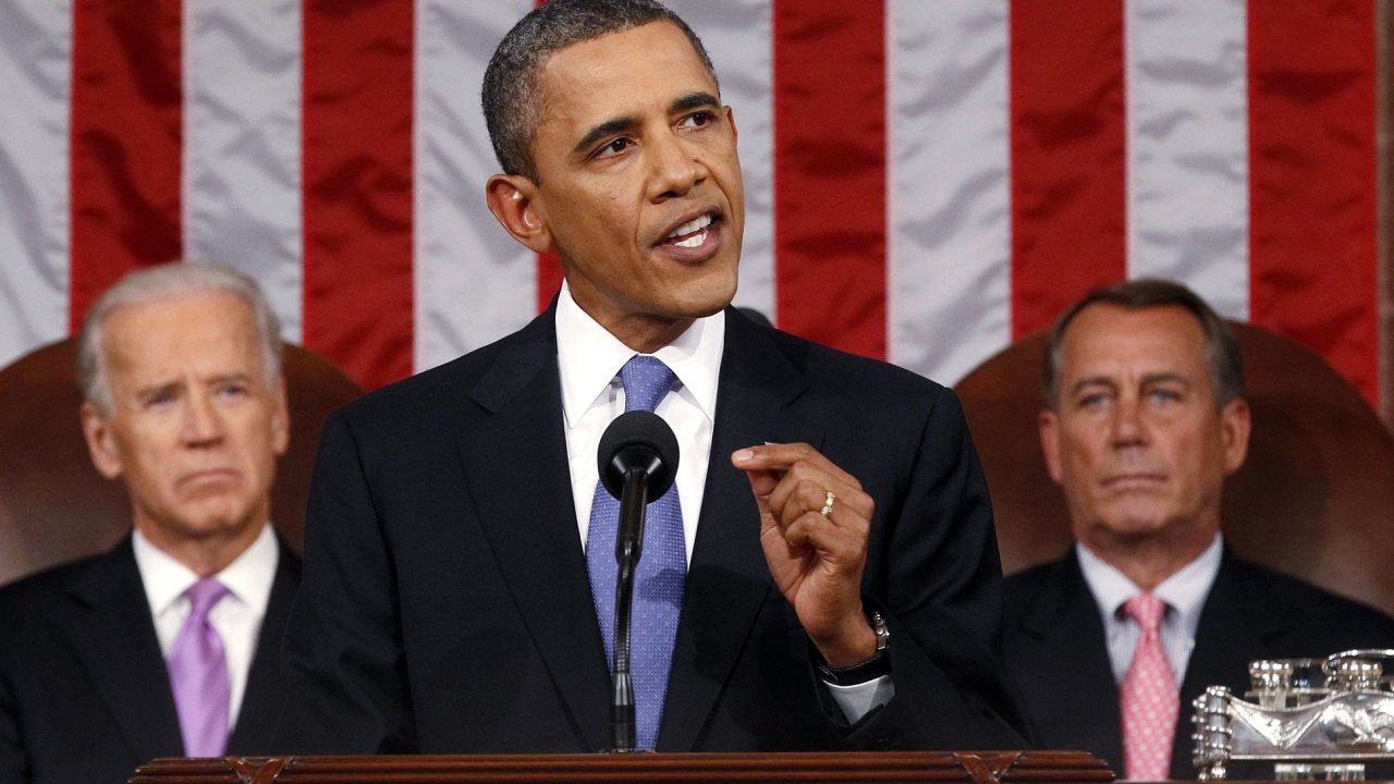 Americk prezident Barack Obama pi svm projevu v Kongresu.