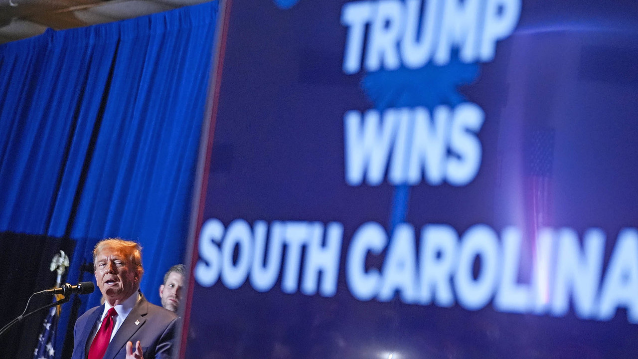Republican presidential candidate former President Donald Trump speaks at a primary election night party at the South Carolina State Fairgrounds in Columbia