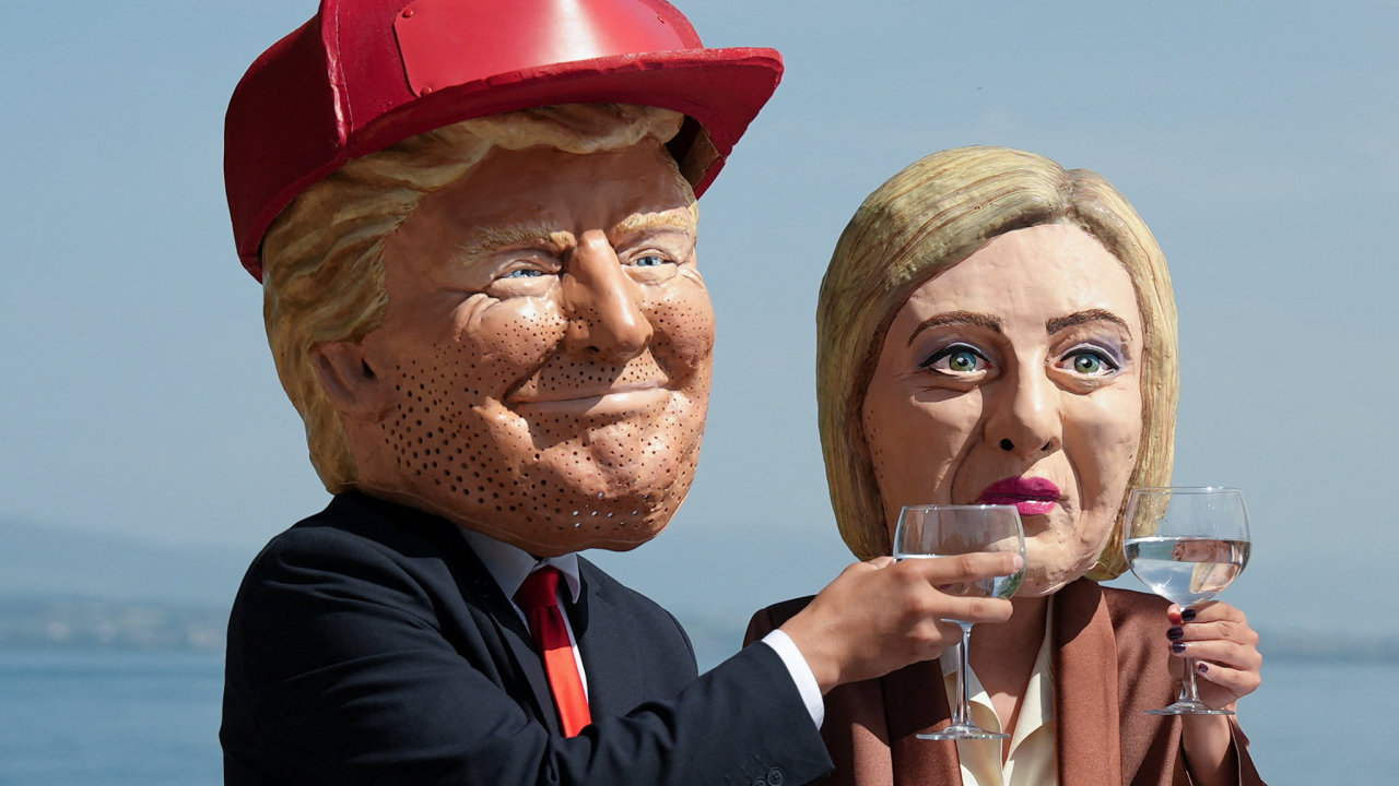 Karikatura Trumpa a italsk� premi�rky Meloniov� p�ed ned�vn�m summitem...