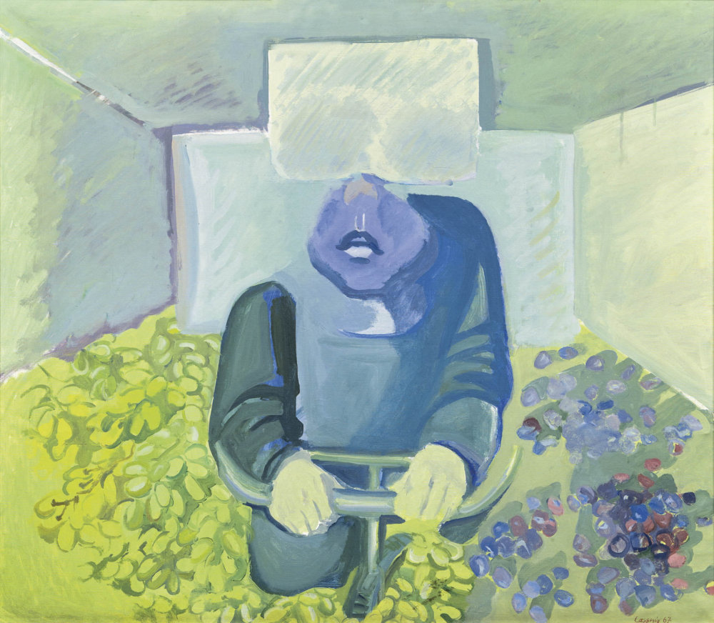 Maria Lassnig: Prkno na hlavě, olej na plátně, 100 × 115 cm, 1967