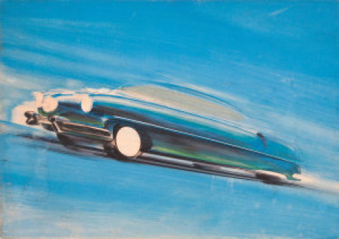 František Kardaus: Originální návrh plakátu automobilu Tatra, tempera a tužka na papíře, konec 40. let